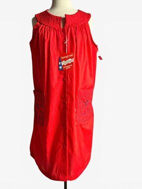 1960s Red Embroidered Pocket Housecoat House Dress NOS NWT